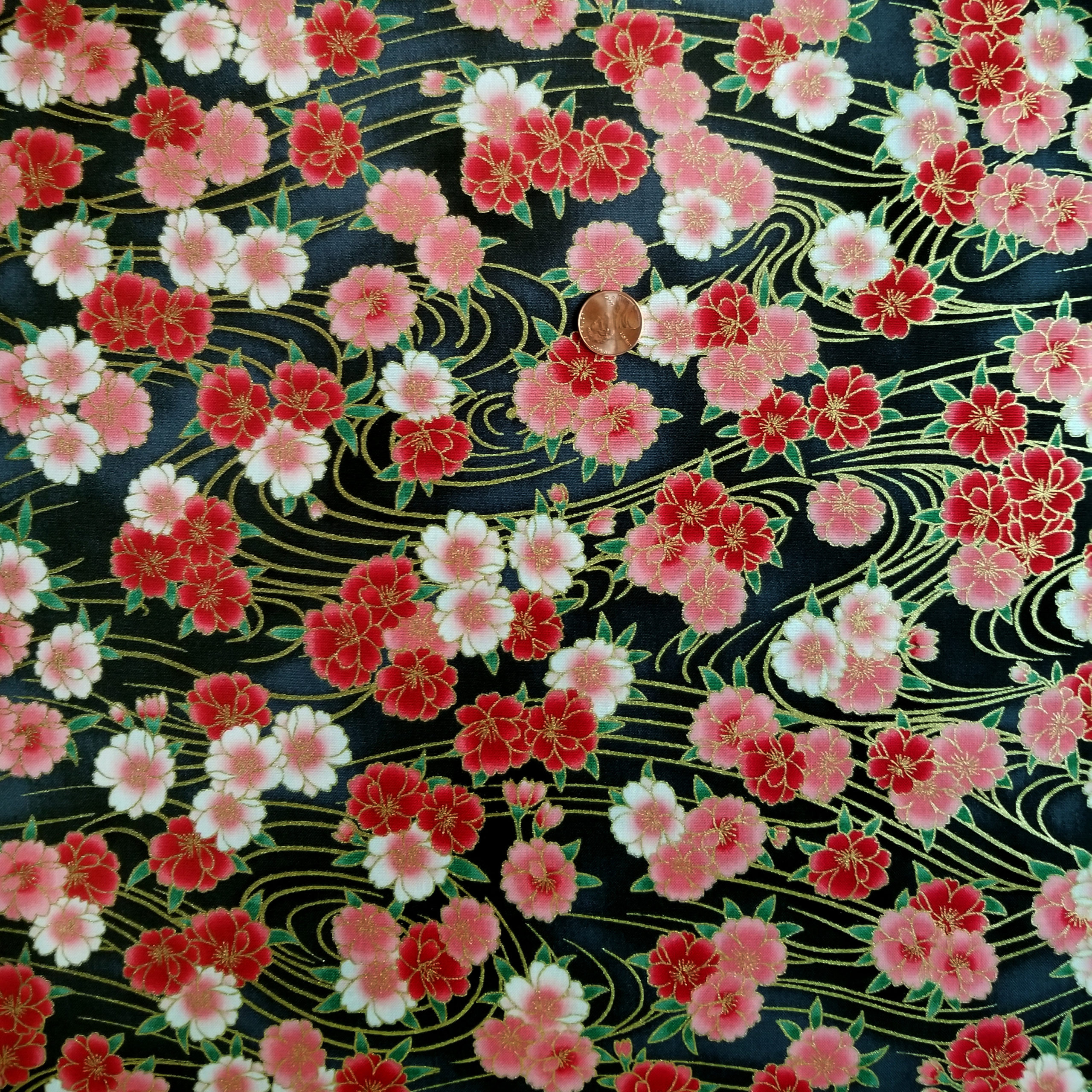 Sakura in Pink and Red on Black Japanese Quilting Cotton Tangerine