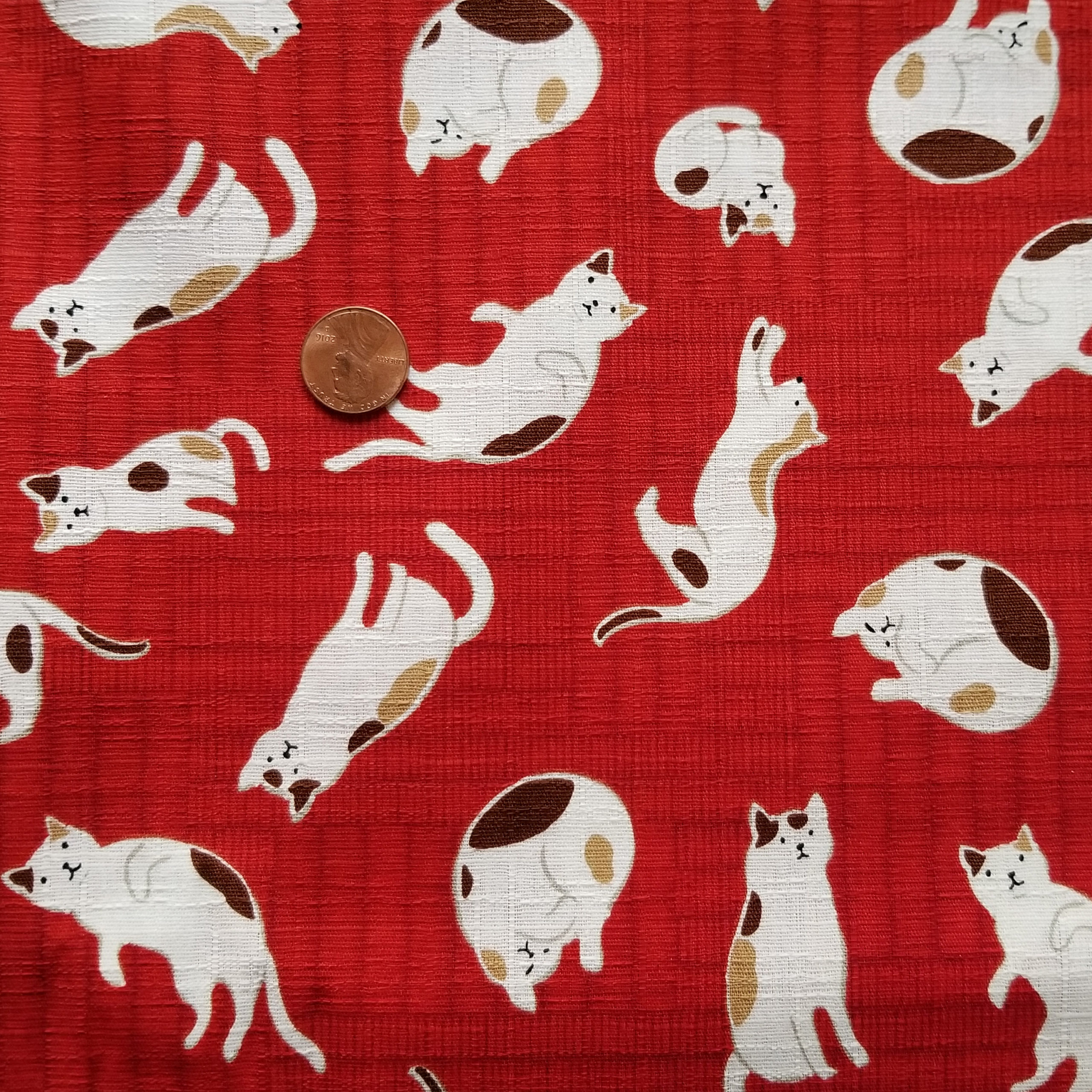 Tatami Cats Red Japanese Cotton Dobby Tangerine Mountain