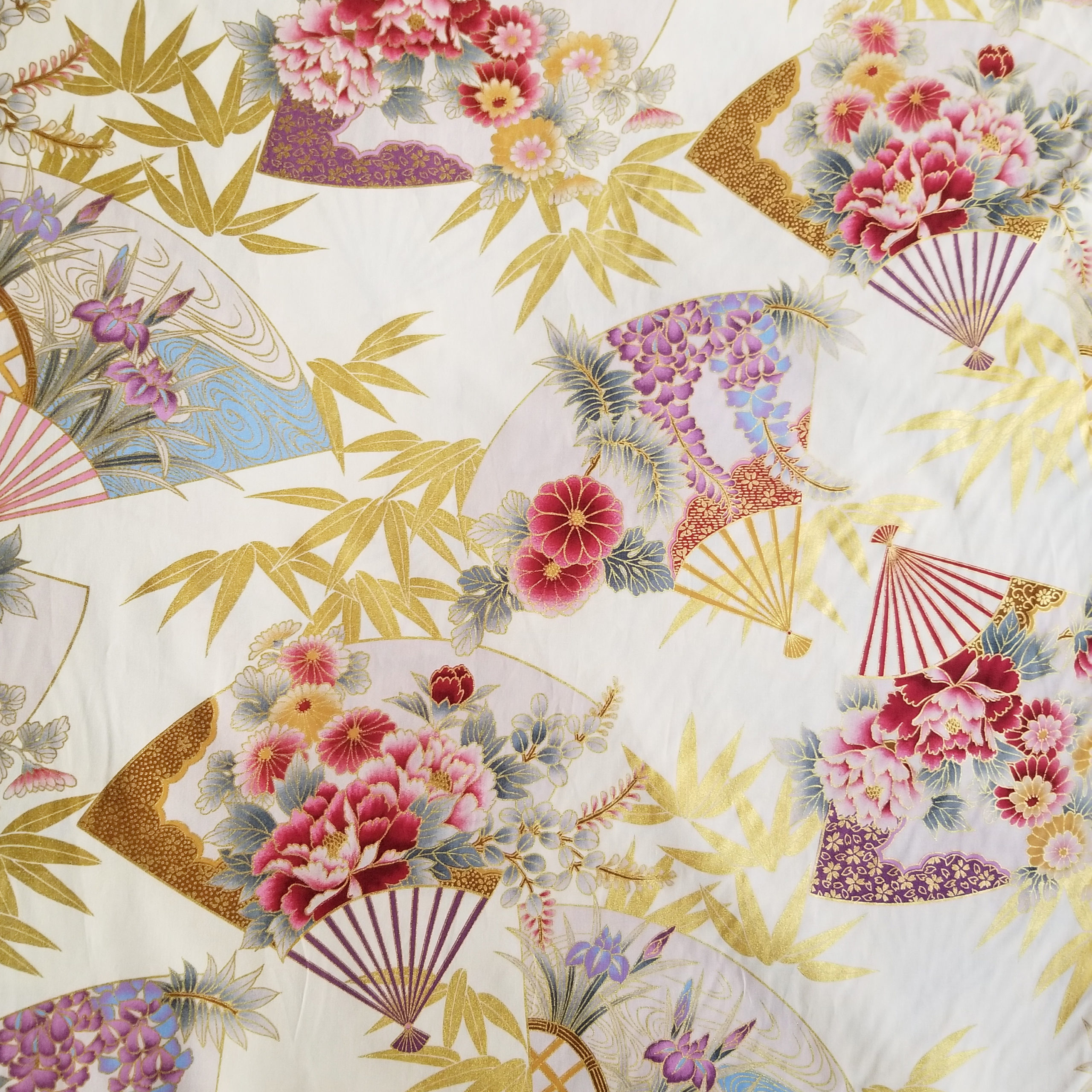 Sensu with Red and Purple on Cream Japanese Quilting Cotton Tangerine