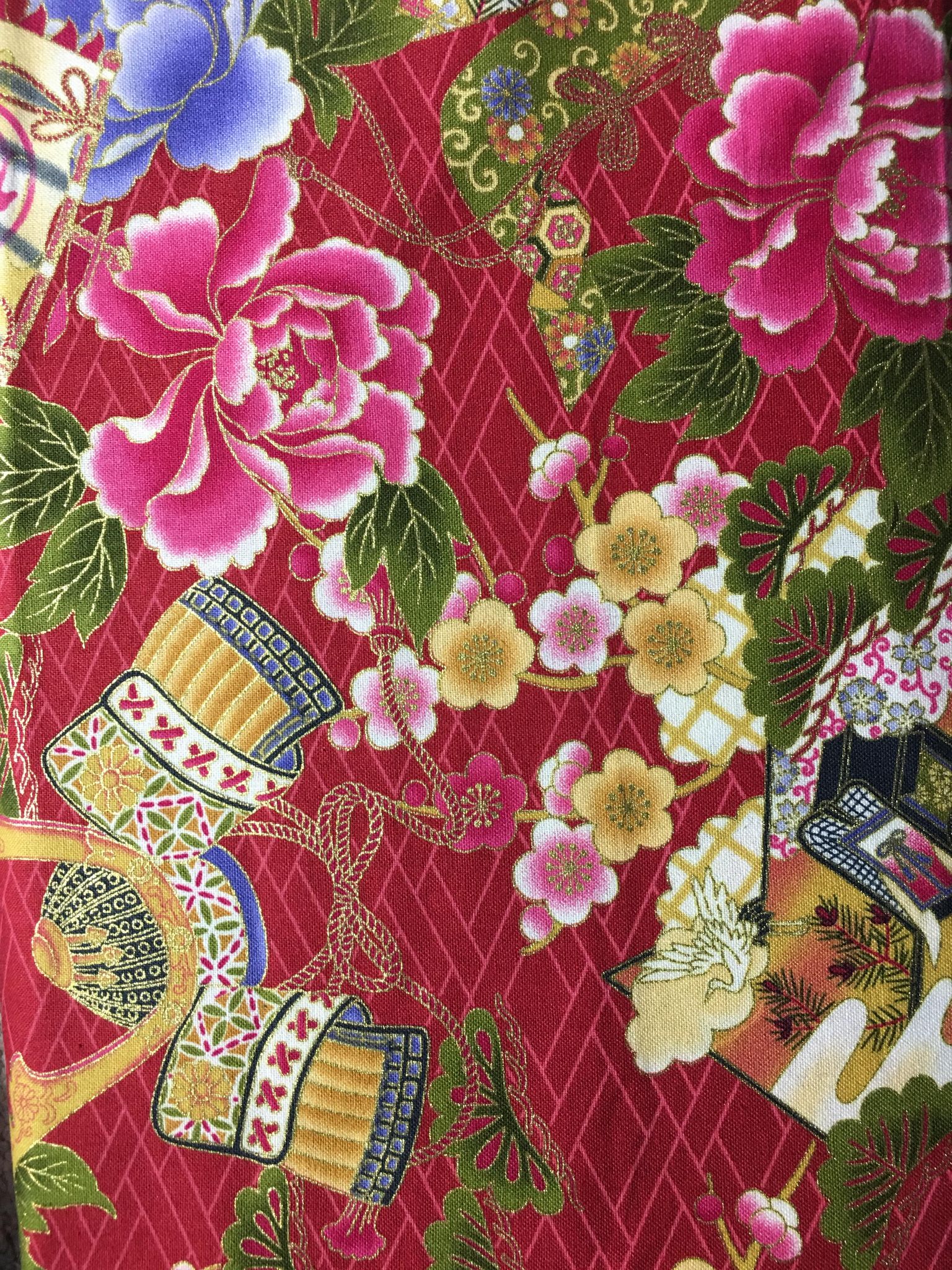 Samurai Helm Kabuto and Flowers over Red Japanese Cotton – Tangerine ...