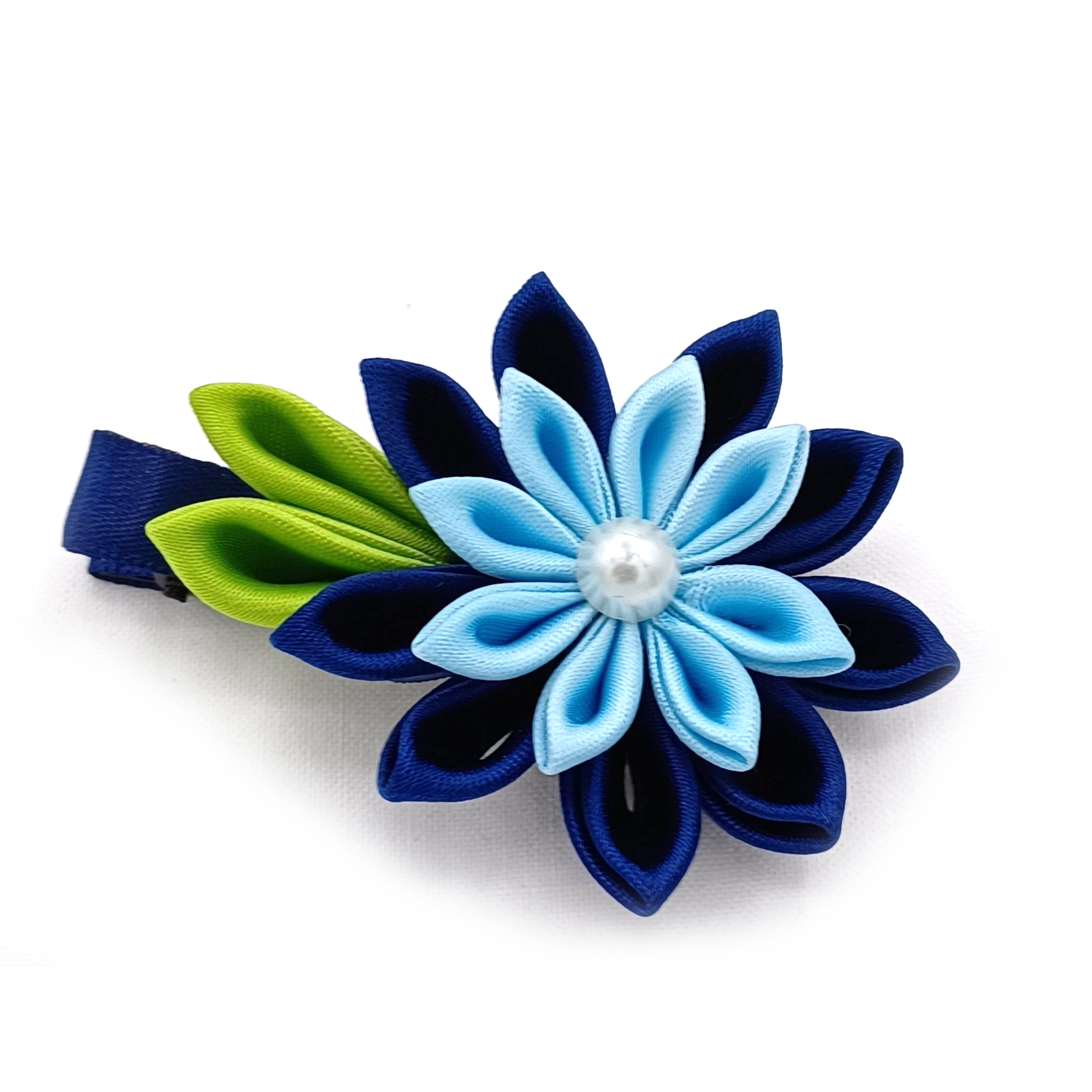 Ribbon Kanzashi Hair Clip in Navy and Sky Blue Tangerine Mountain